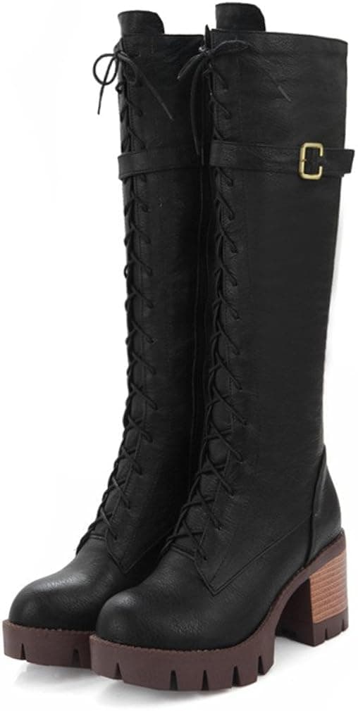 MFairy Women's Lace-Up Strappy Knee High Combat Stacked Heel Boot
