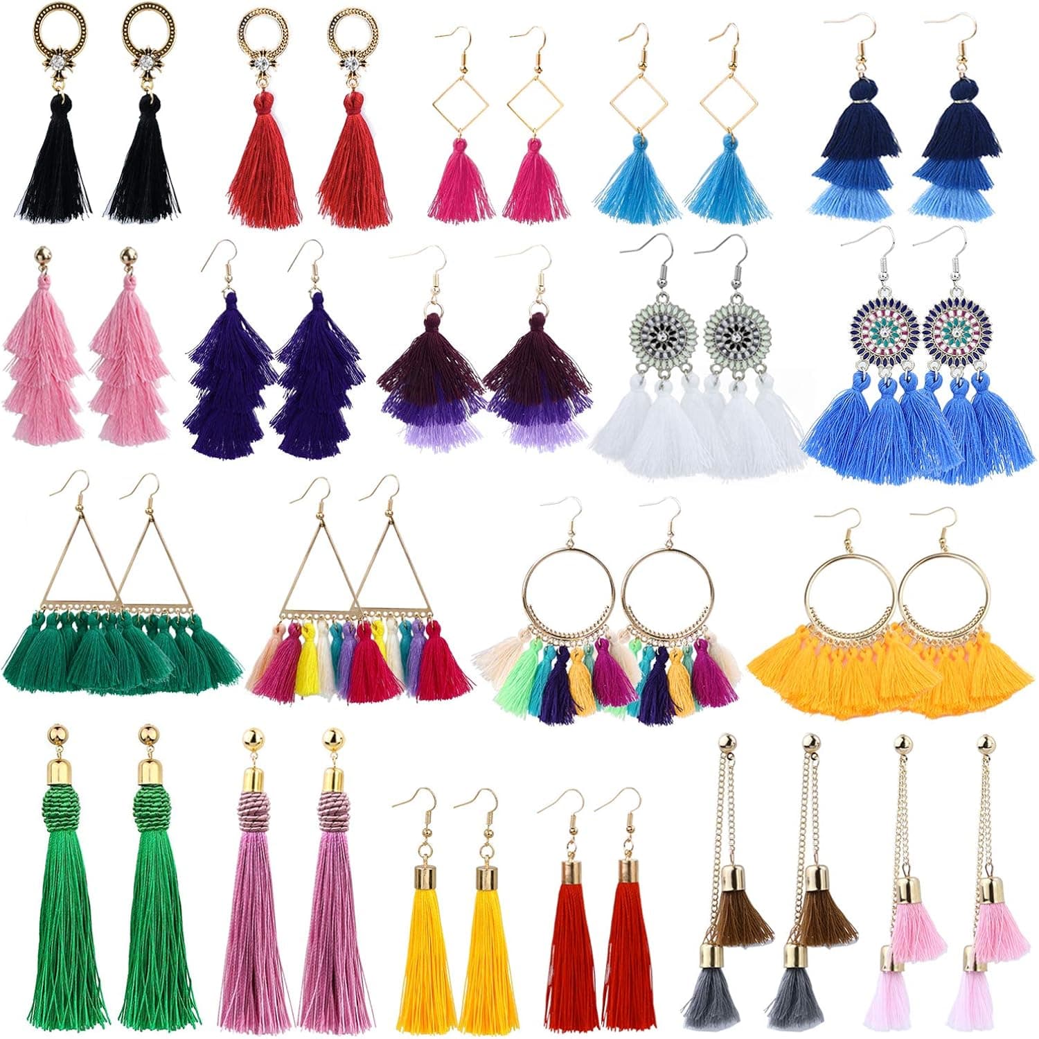 18-32 Pairs Tassel Earrings Set with Colorful Tassel Long Layered Dangle Hoop Tiered Thread Earrings Set for Women Girls Jewelry Fashion and Valentine Birthday Party Gift…
