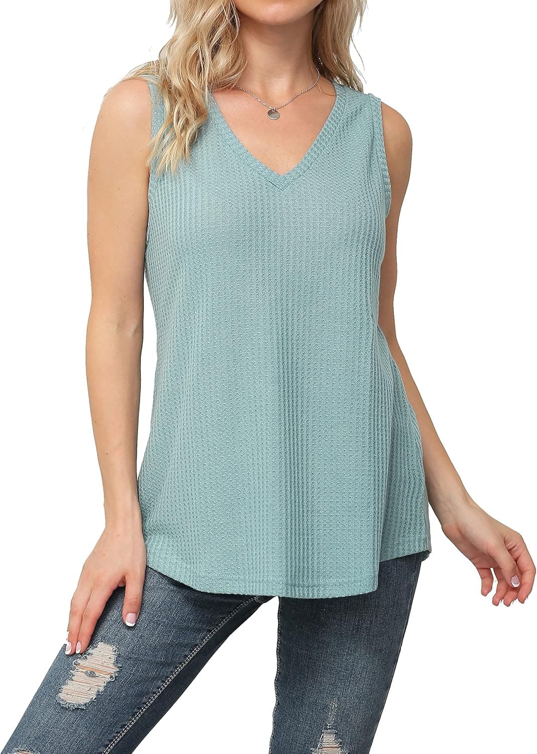 IWOLLENCE Womens Waffle Knit V Neck Tank Tops Summer Casual Sleeveless Shirts Loose Blouses