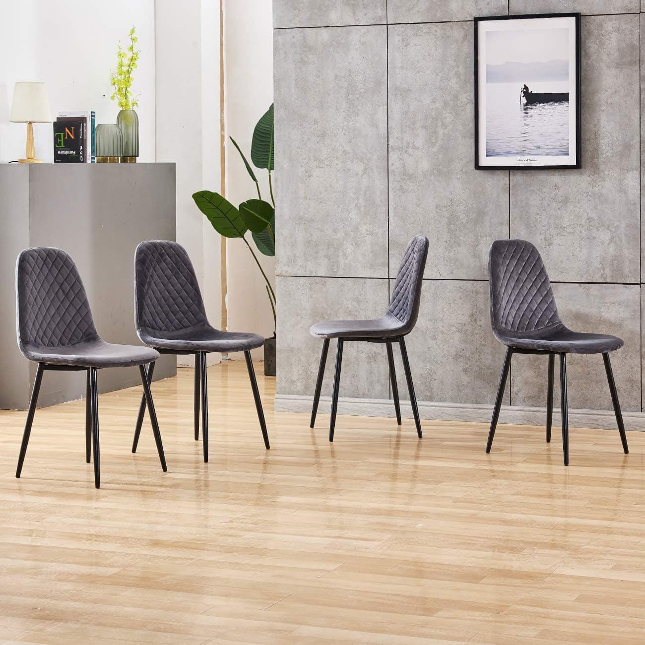 aHUMANs Upholstered Dining Chairs Set of 4 Upholstered Kitchen Chairs with Dutch Velvet Cushion and Black Finish Legs Mid Century Dining Chairs for Kitchen Dining Room