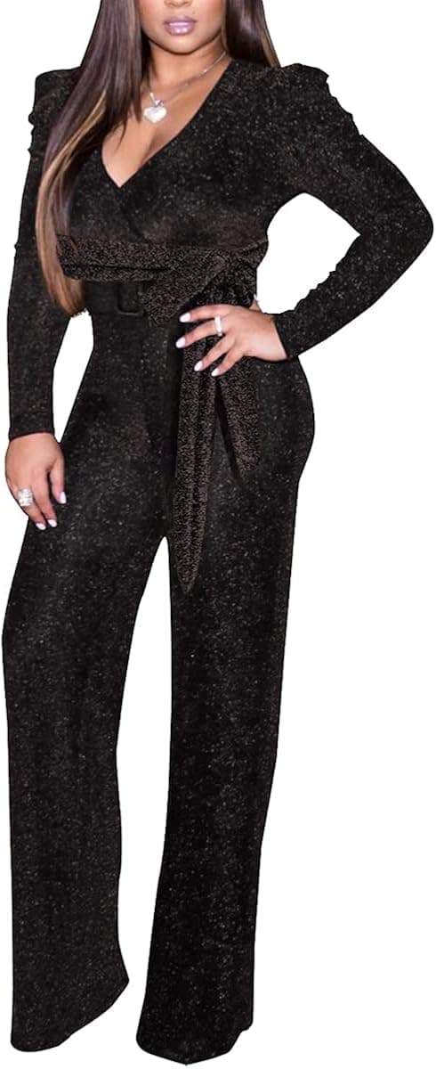 Women's Sexy Sparkly Jumpsuits Plus Size Elegant Clubwear Long Sleeve Wide Leg Pants Rompers with Belt