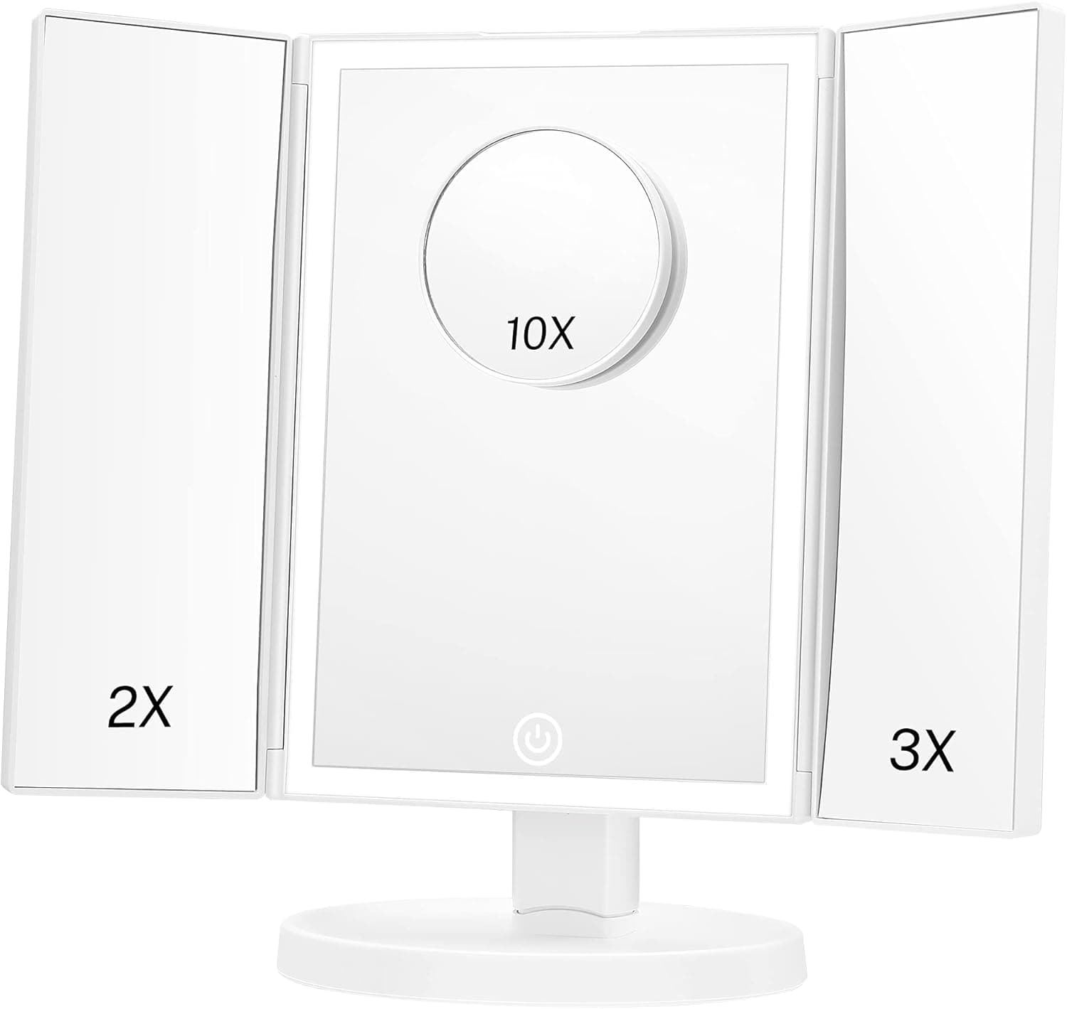 Magicfly Rechargeable Makeup Mirror Vanity Mirror with 60 LED Trifold Mirror, 1X/2X/3X/10X Magnification, 2 Dimming Modes with Touch Control to Adjust Brightness, Portable Lighted Up Mirror (White)