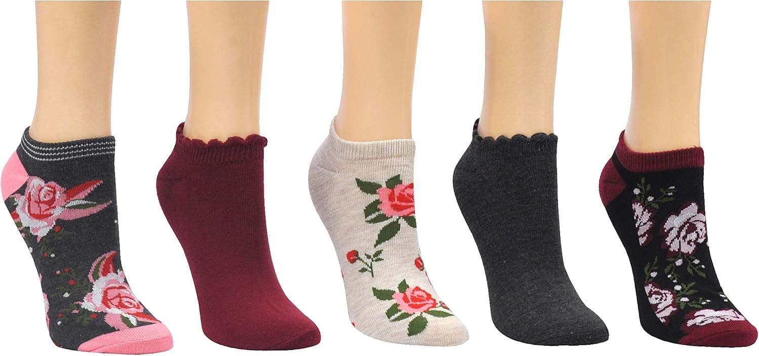 Everything Legwear Sock House Co. Women's Floral Lowcut Socks (5 Pair) - Flower Print Solid Ruffle Lettuce Cuff - Fits Ladies Shoe Size 4-10
