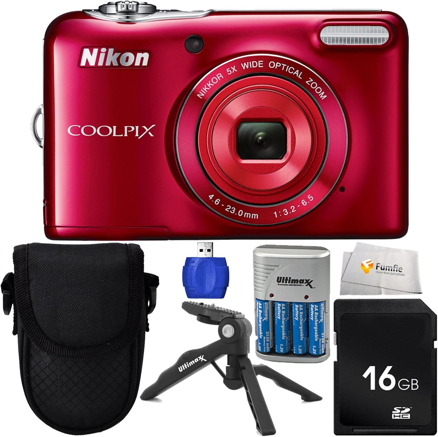Nikon COOLPIX L32 Digital Camera (Red) Bundle Includes 4X AA (3150mAh) NiMH Rechargeable Batteries + 16GB SD Memory Card + High Speed Card Reader & More!- International Version (No Warranty)