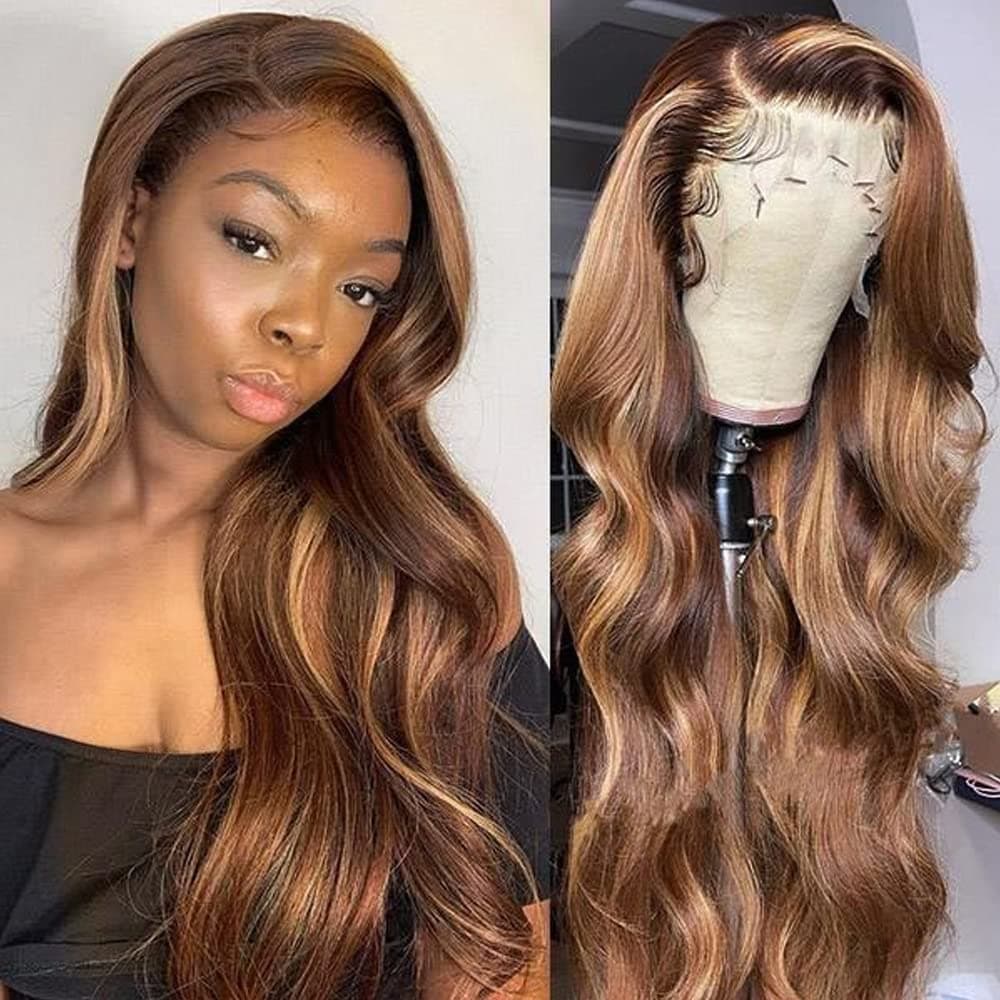 VIPbeauty Ombre Highlight Lace Front Wig Body Wave Human Hair Wig 4/27 Brown To Blonde 13x4 Lace Frontal Human Hair Wig Pre Plucked With Baby Hair 26 Inch