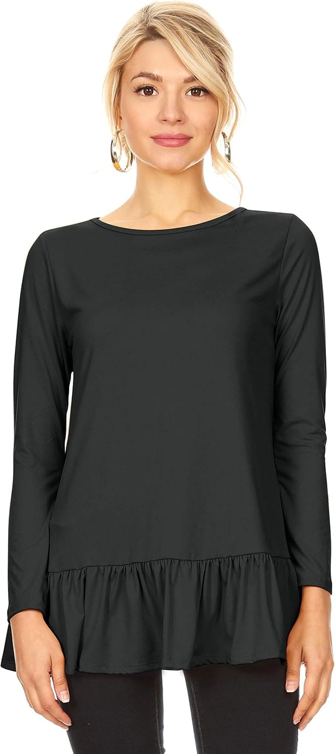 Womens Long & Short Sleeve Flowy Loose Regular and Plus Size Tunic Tops for Leggings with Ruffle Hem