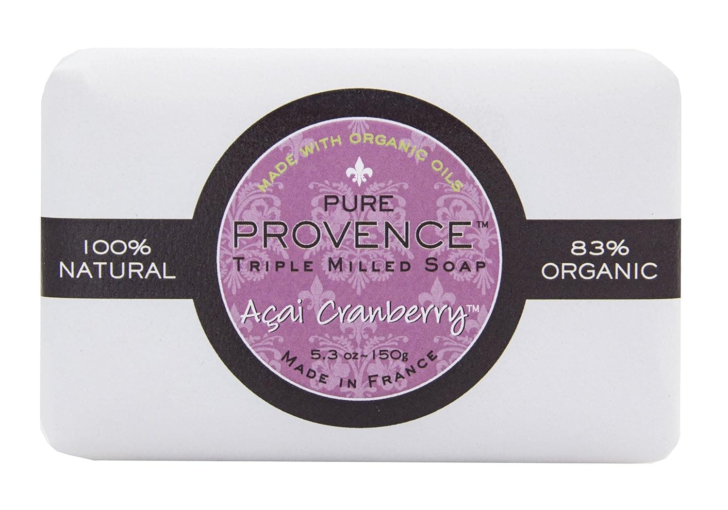 Pure Provence Natural Triple Milled French Soap with Organic Shea Butter, 100% Vegetable Based, Moisturizing, Nourishing, Soothing, Paraben Free - Açai Cranberry, 5.3 oz bar (150gr)