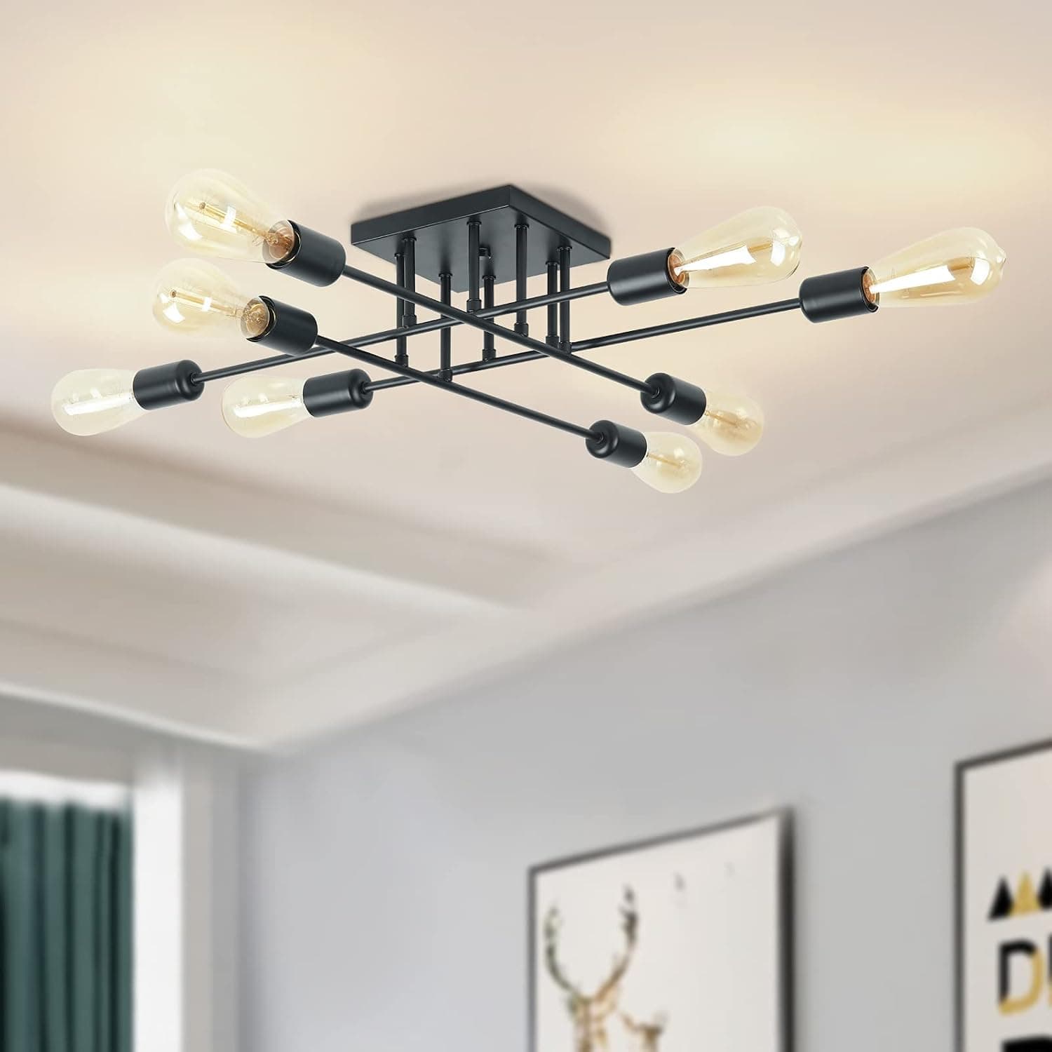 Lampundit Sputnik Chandelier 8 Lights Semi Flush Mount Ceiling Light Black Modern Industrial Style Lighting Fixture for Dining Room Living Room Kitchen Bedroom