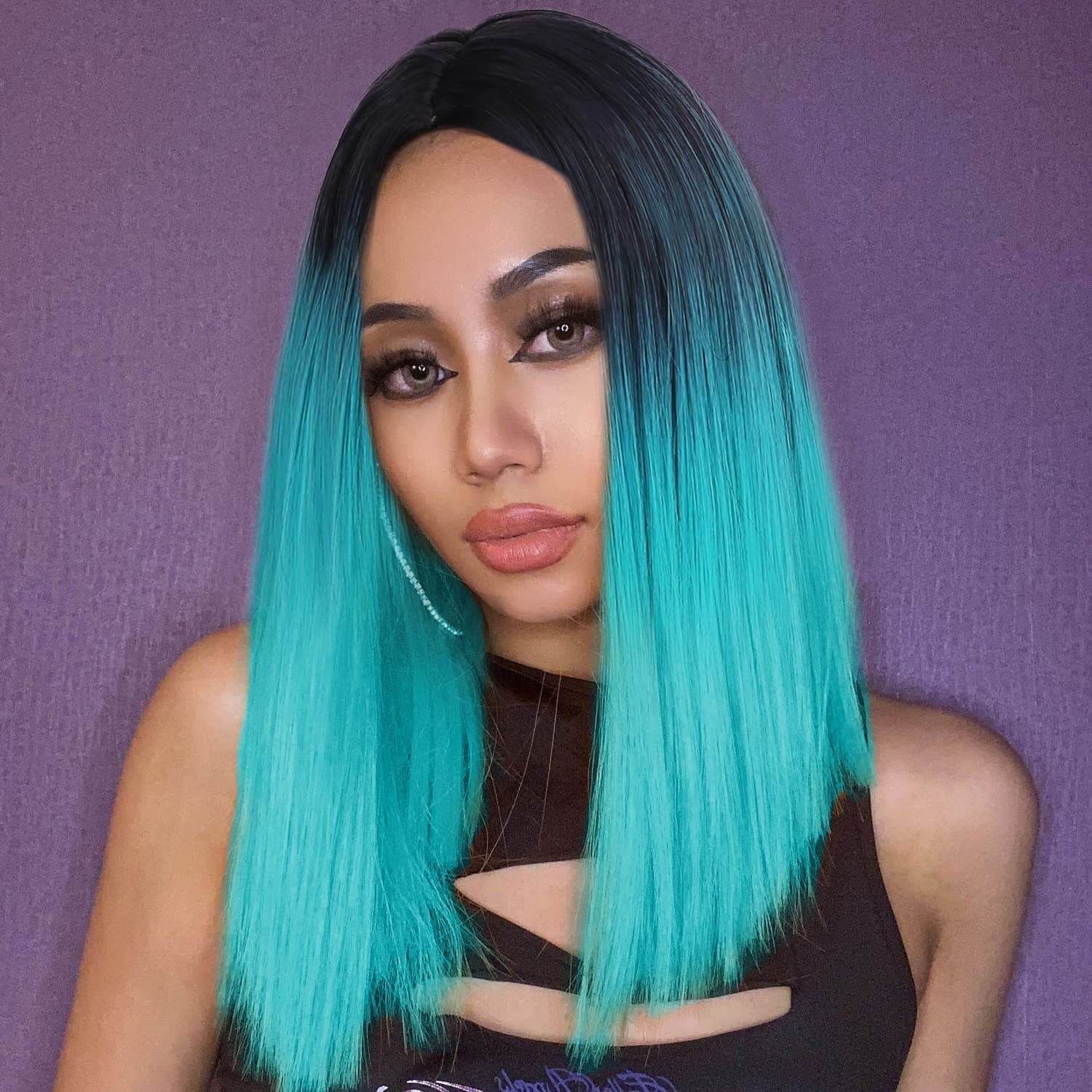 Quick Wig Ombre Teal Blue Wig Short Straight Bob Wigs Bluish Green Wig for Women Shoulder Length Synthetic Full Wig for Party Cosplay Costume Use