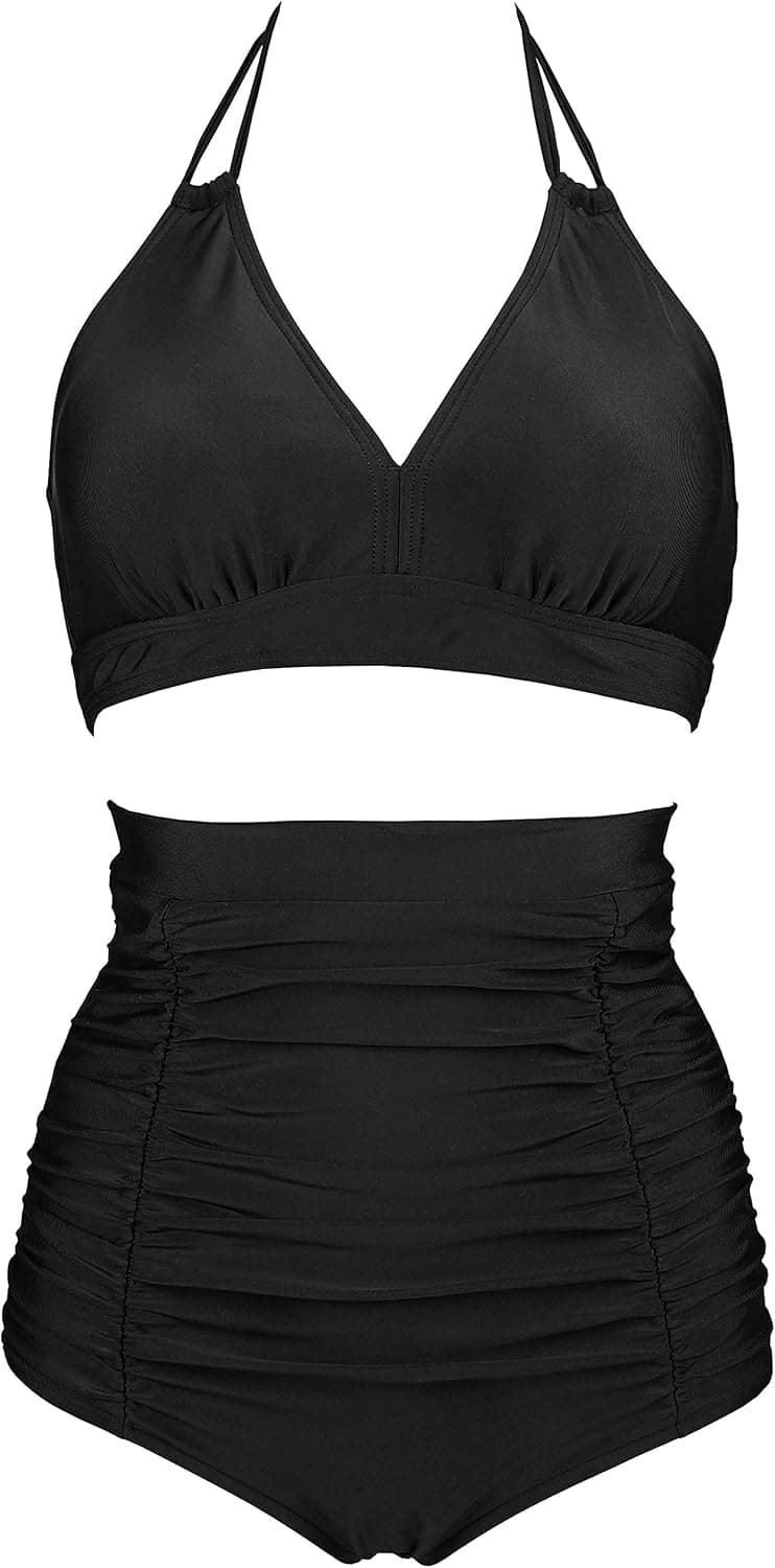 COCOSHIP Retro 50s Black Pink Blue Floral Halter High Waist Bikini Set Halter Carnival Swimsuit(FBA)