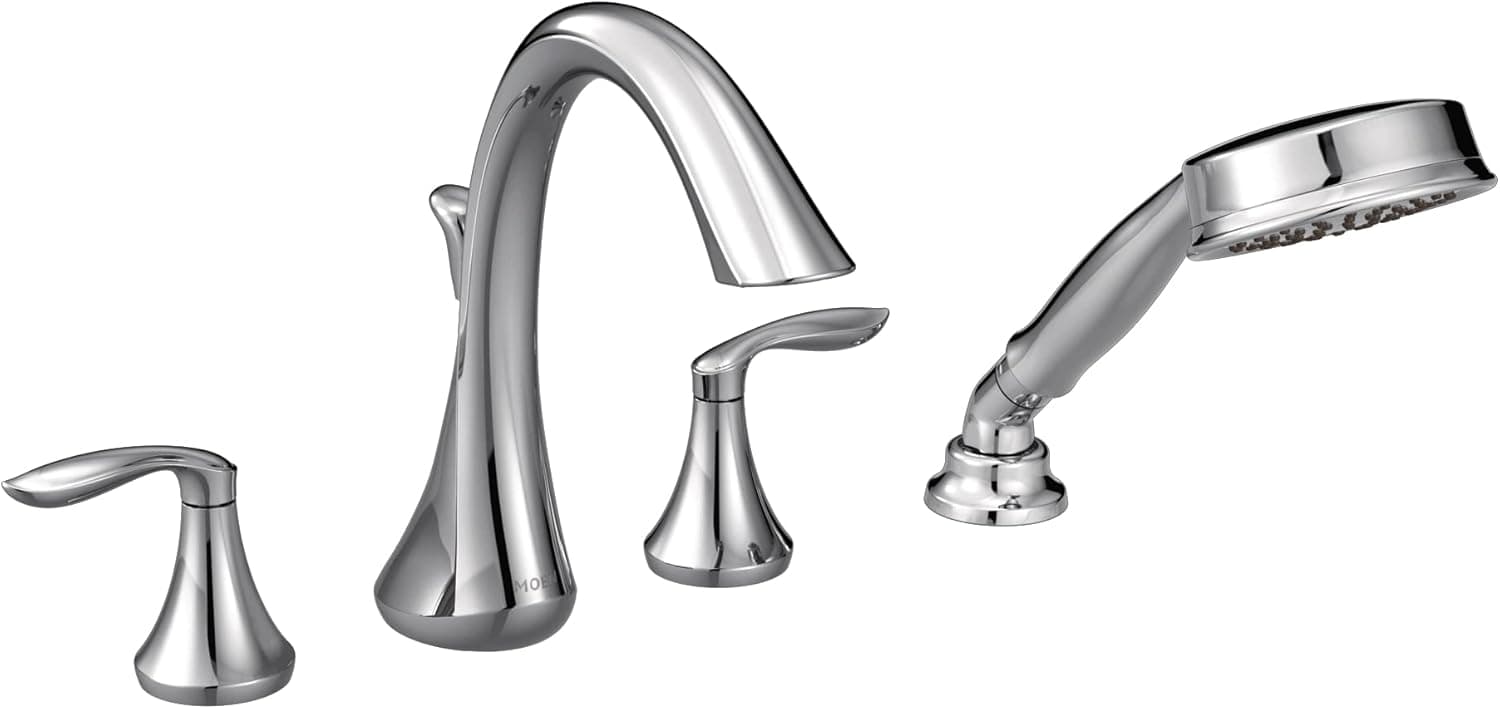 Moen Eva Chrome Two-Handle Deck Mount Roman Tub Faucet Trim Kit with Single Function Handshower, Valve Required, T944