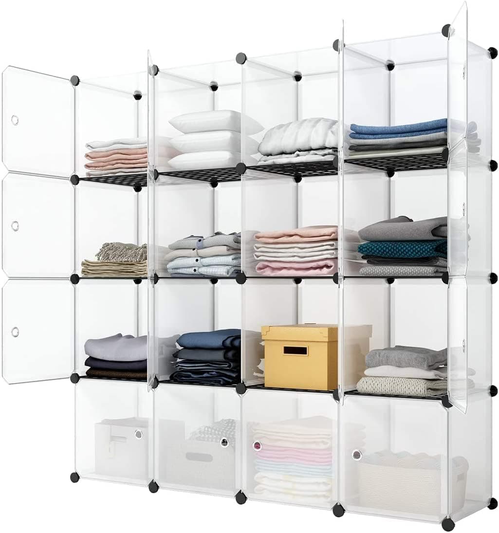 MAGINELS Portable Storage Cubes-14 x14 Cube (16 Cubes)-More Stable (add Metal Panel) Cube Shelves with Doors, Modular Bookshelf Units，Clothes Storage Shelves，Room Organizer for Cubby Cube
