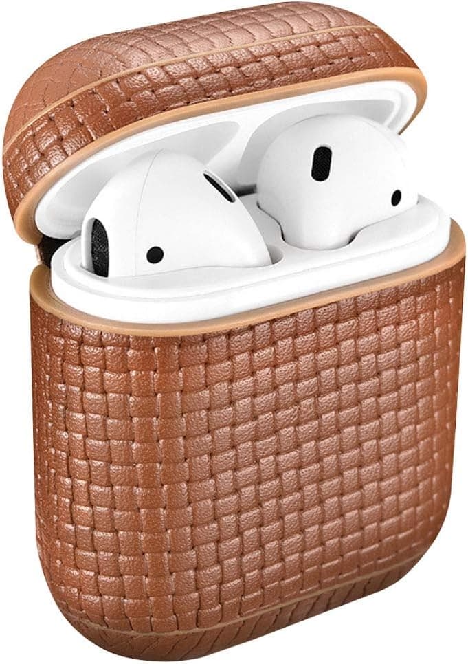 Handmade Protective Leather Apple AirPods Case for Apple AirPods Charging Case [Front LED Not Visible] [Supports Wireless Charging] (Braided Brown)