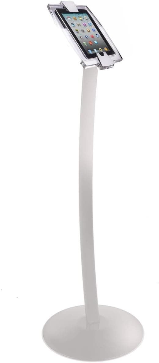 Displays2go iPad Mini Tablet Floor Stand, Rotating and Tilting Acrylic Enclosure- Steel White Base
