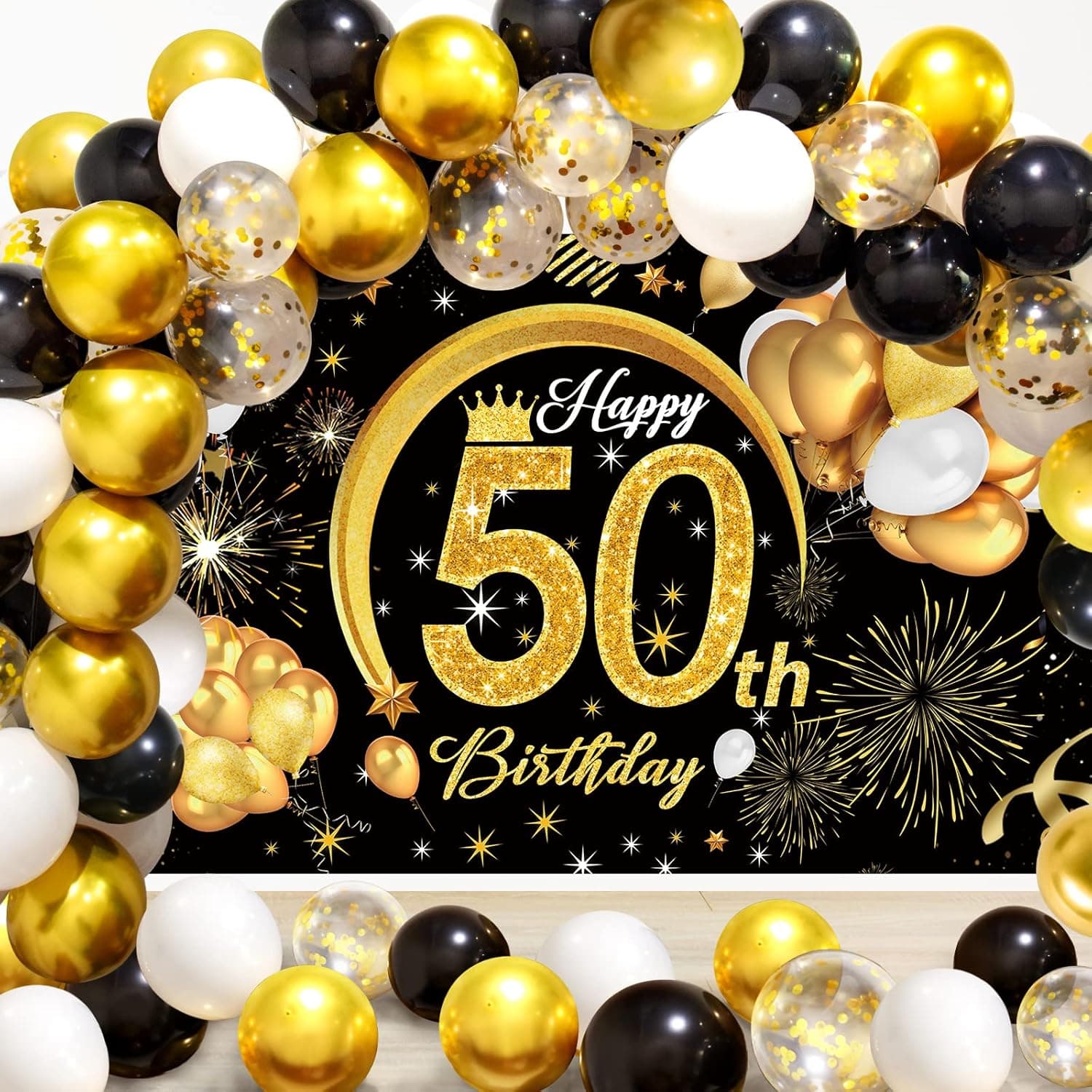 INPHER 50th Birthday Decorations for Women Men Black and Gold Backdrop Banner Balloons 55 Pack