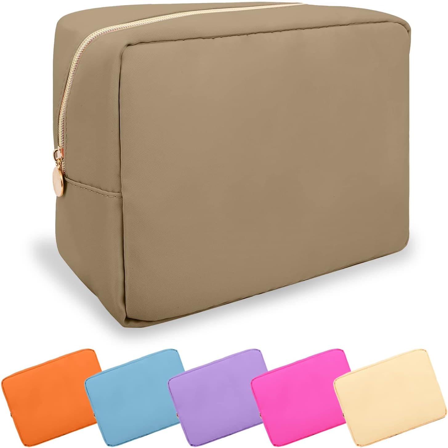 UIXIZQ Waterproof Large Makeup Bag Pouch,Nylon Women Travel Toiletry Storage Bag Preppy Cosmetic Bag for Girls,Big Makeup Organizer Bag Cute Zipper Pouch Bag for Sport School Work Gift(Large-Khaki)