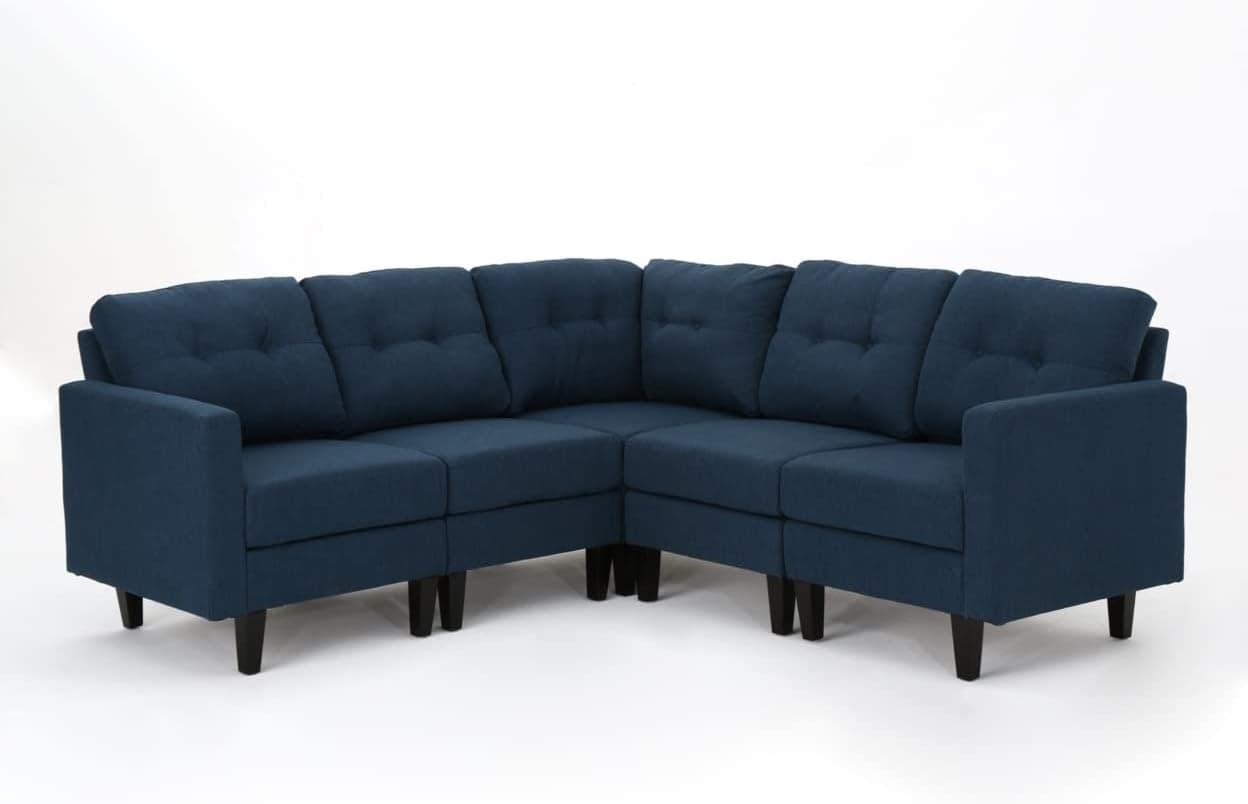 Christopher Knight Home Emmie Mid-Century Modern 5-Piece Sectional Sofa, Navy Blue / Dark Brown