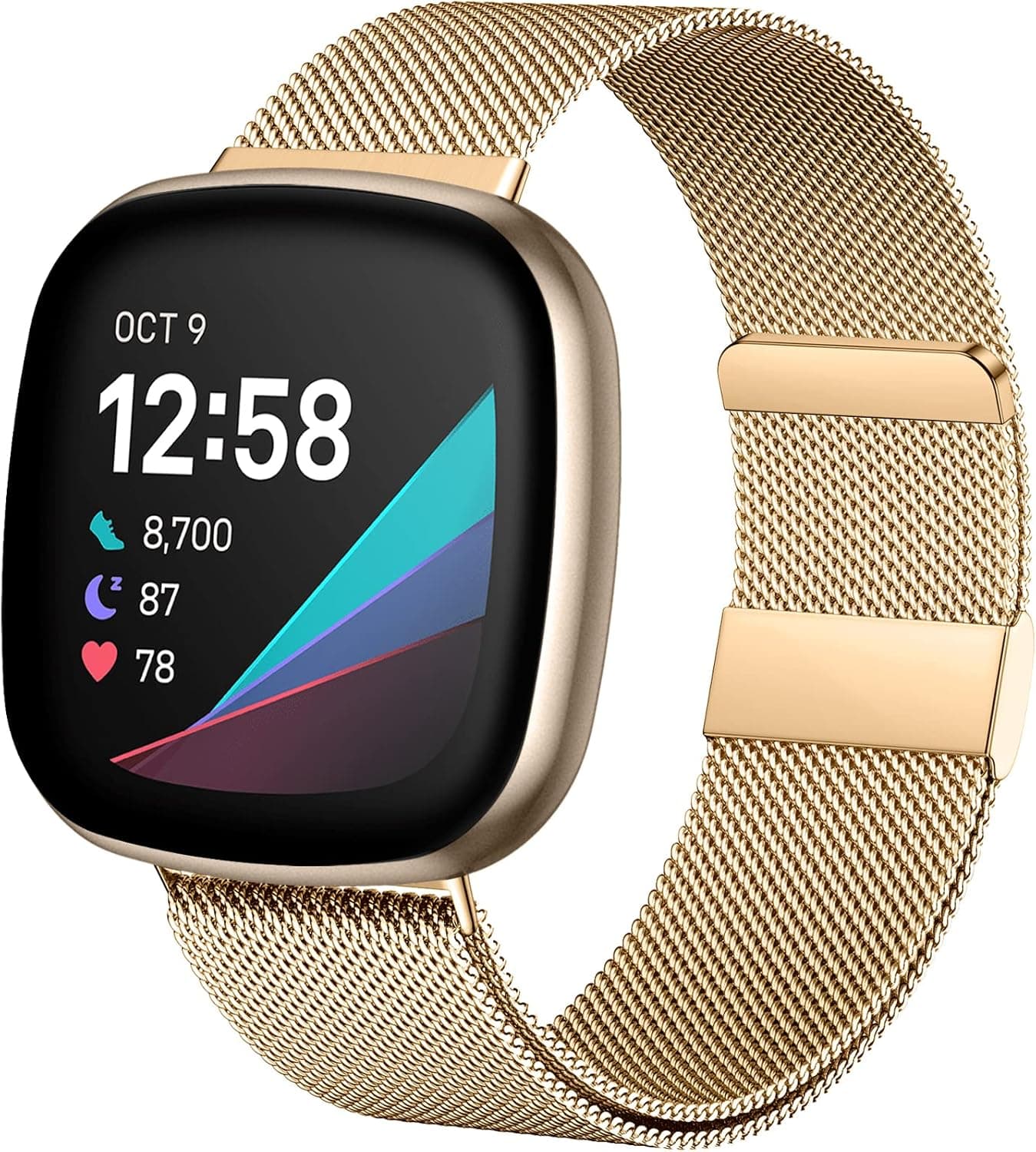 VNCAS Compatible with Fitbit Sense and Versa 3 Bands for Women Men, Adjustable Stainless Steel Metal Mesh Accessories Replacement Smartwatch Band with Magnet Lock, Royal Gold Large