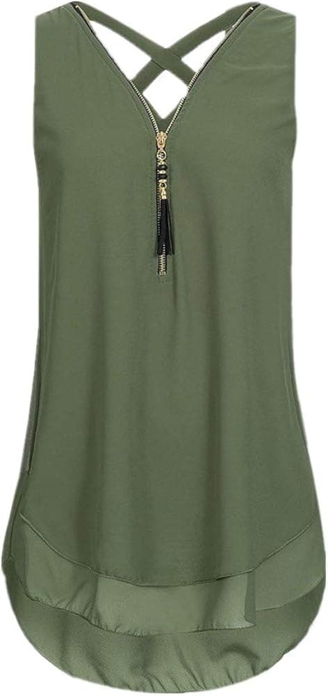 iYBUIA Women Loose Sleeveless Solid Tank Top Layed Zipper V-Neck T Shirts Tops Solid Casual Tank
