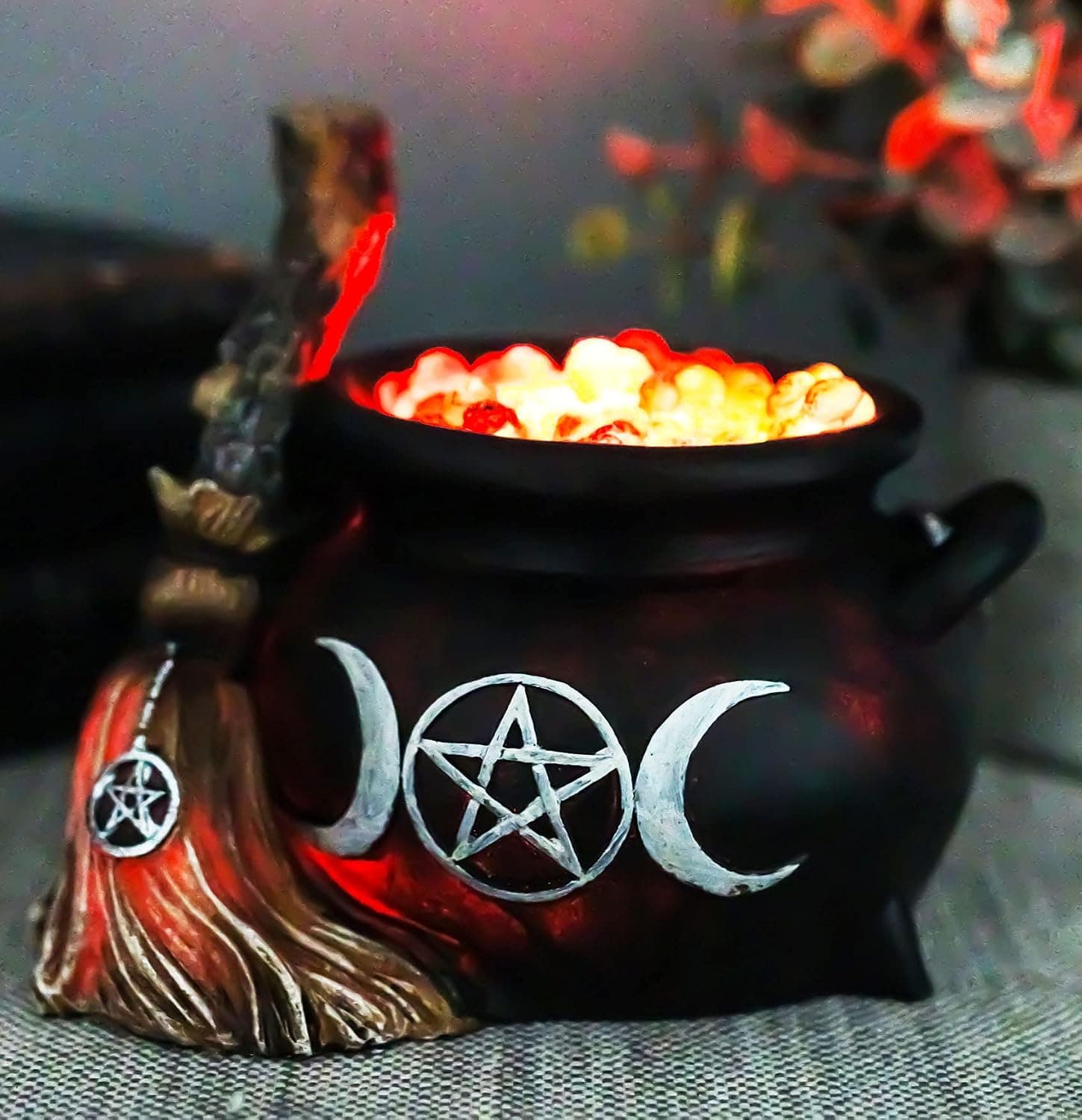 Ebros Gift Wicca Triple Moon Symbol with Pentagram Star Hocus Pocus Cauldron and Magical Broomstick with Colorful LED Night Light Feature Feminine Goddess Occult Wiccan Halloween Accent
