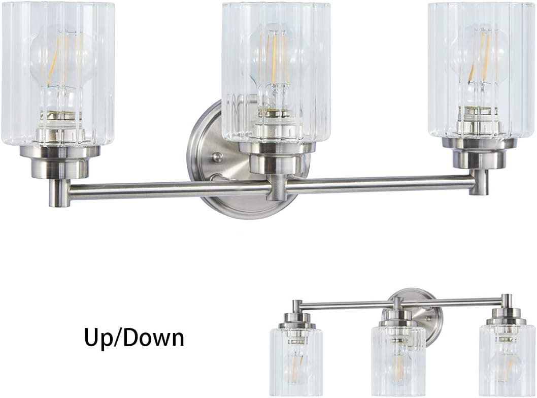 Doraimi 1/3 Light Clear Ribbed Glass Wall Sconce Lighting with Modern and Concise Style Wall Light Fixture Use for Bath Room Bed Room (Brushed Nickel 3 Light)