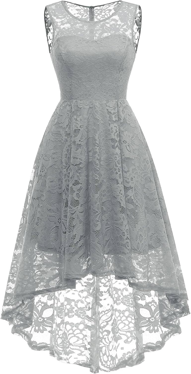 MUADRESS Women's Elegant Floral Lace Dress Sleeveless Crew Neck Hi-Lo Cocktail Dress for Evening Party