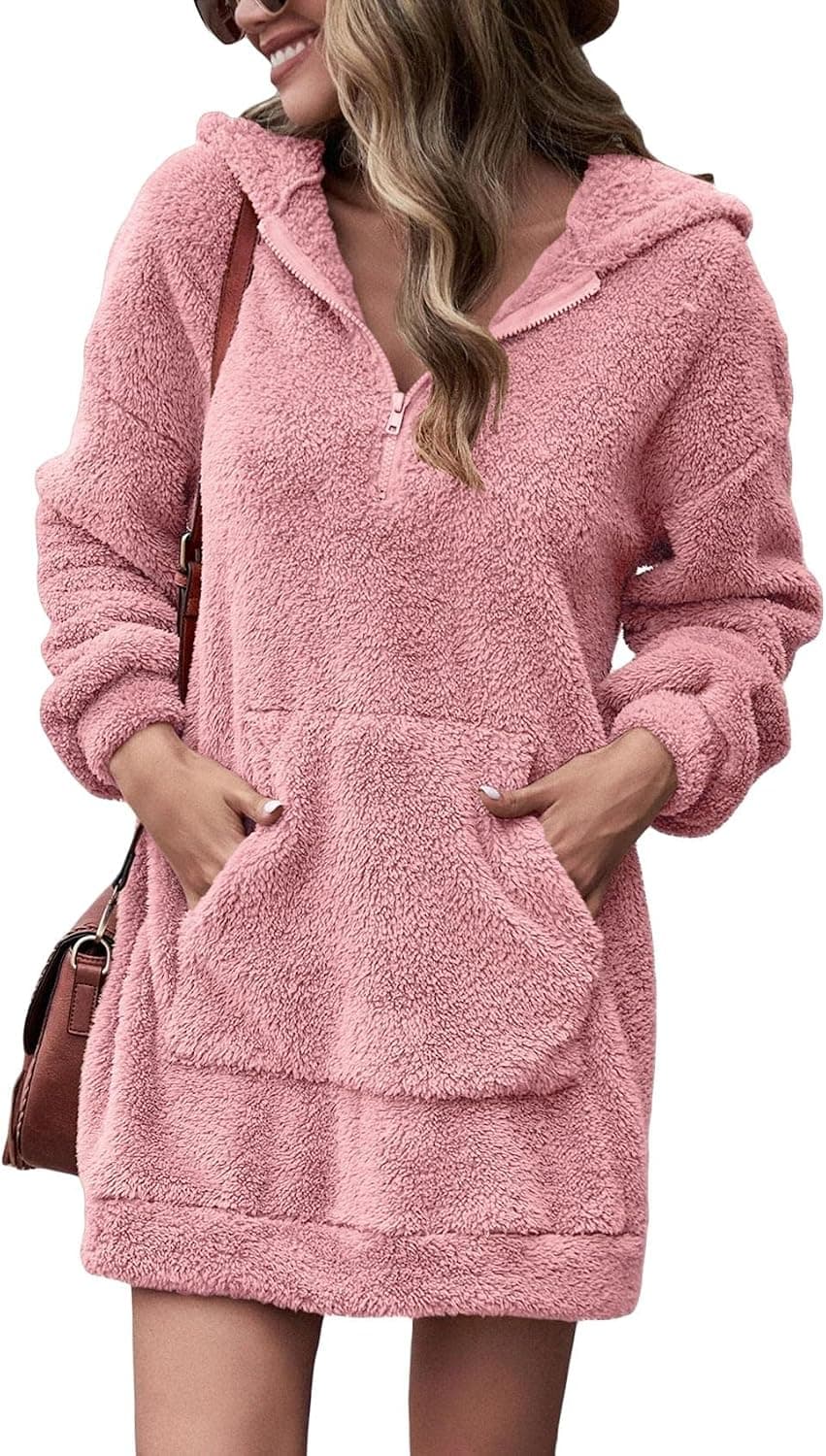 Zhaovi's Women's Quarter Zipper Long Sherpa Hoodie Pullover Fuzzy Fleece Sweatshirt Dresses Warm Tunic Tops