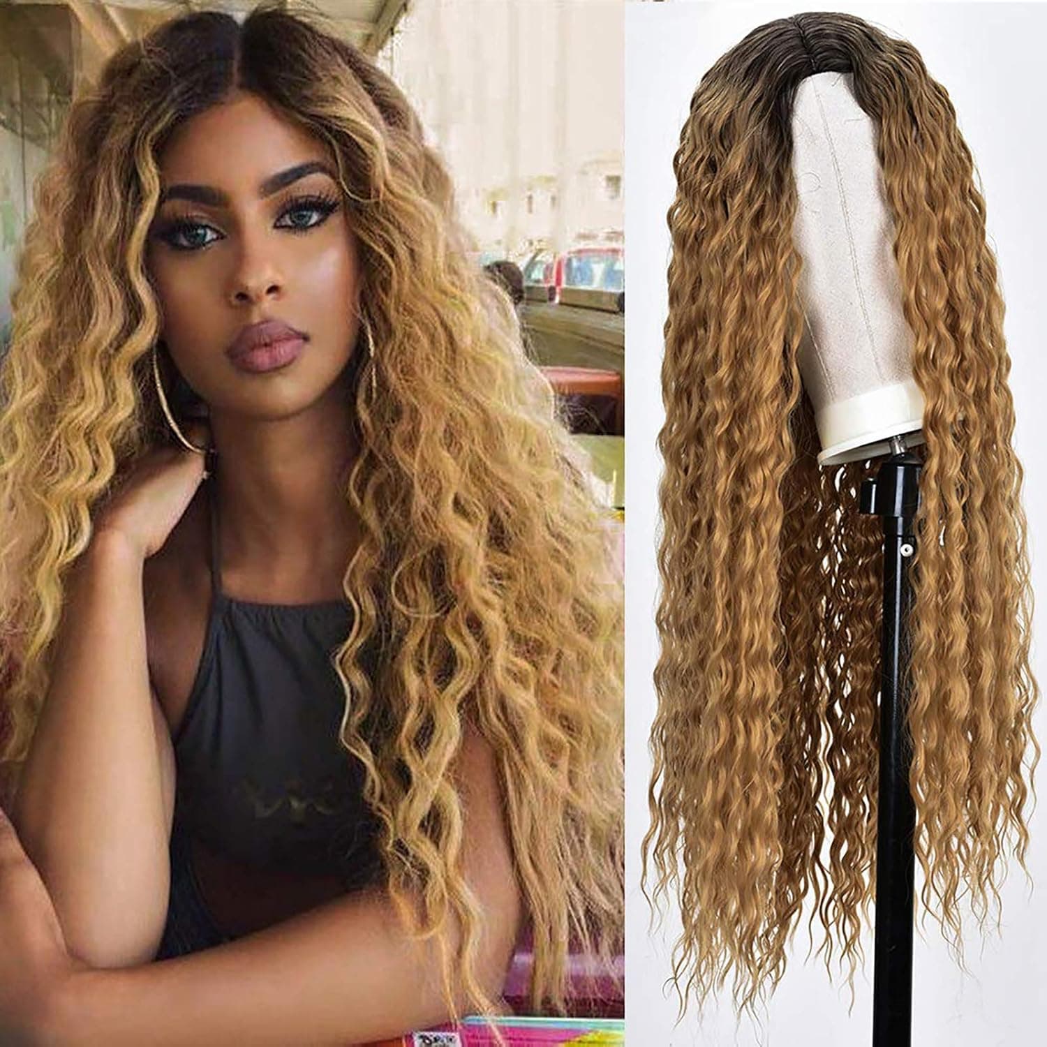 RunM Long Curly Wig for Black Women Kinky Curly Hair Wig 2 Tone Ombre Blonde Wig Natural Heat Resistant Synthetic Curly Wigs 26 Inch（Ombre Blonde）