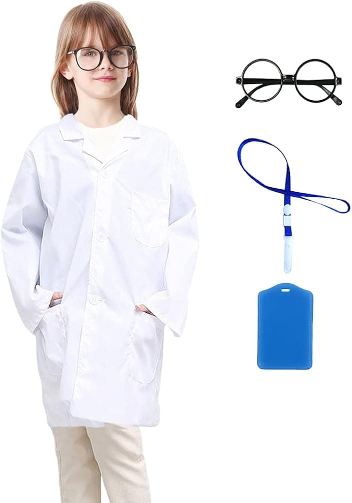 Roctocesy Kid's Unisex Lab Coat for Career Day School Projects Halloween Costumes with Glasses ＆ ID Card