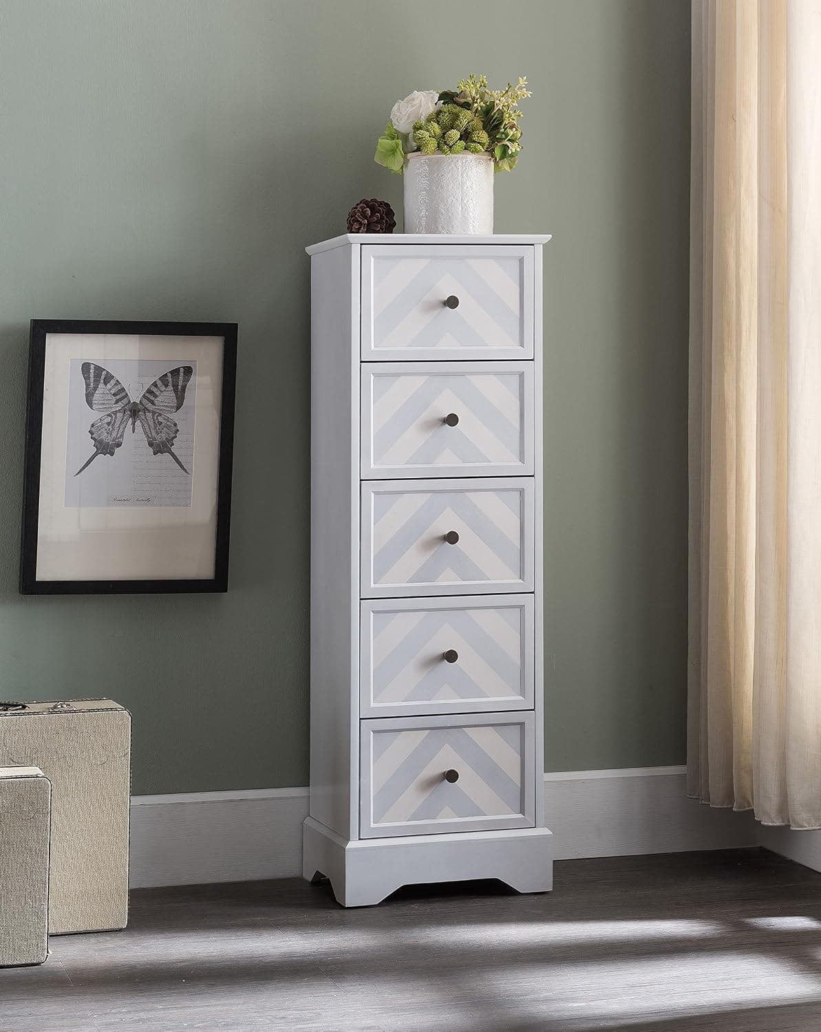Kings Brand Furniture Wash White Finish Wood 5 Drawer Tall Accent Storage Cabinet
