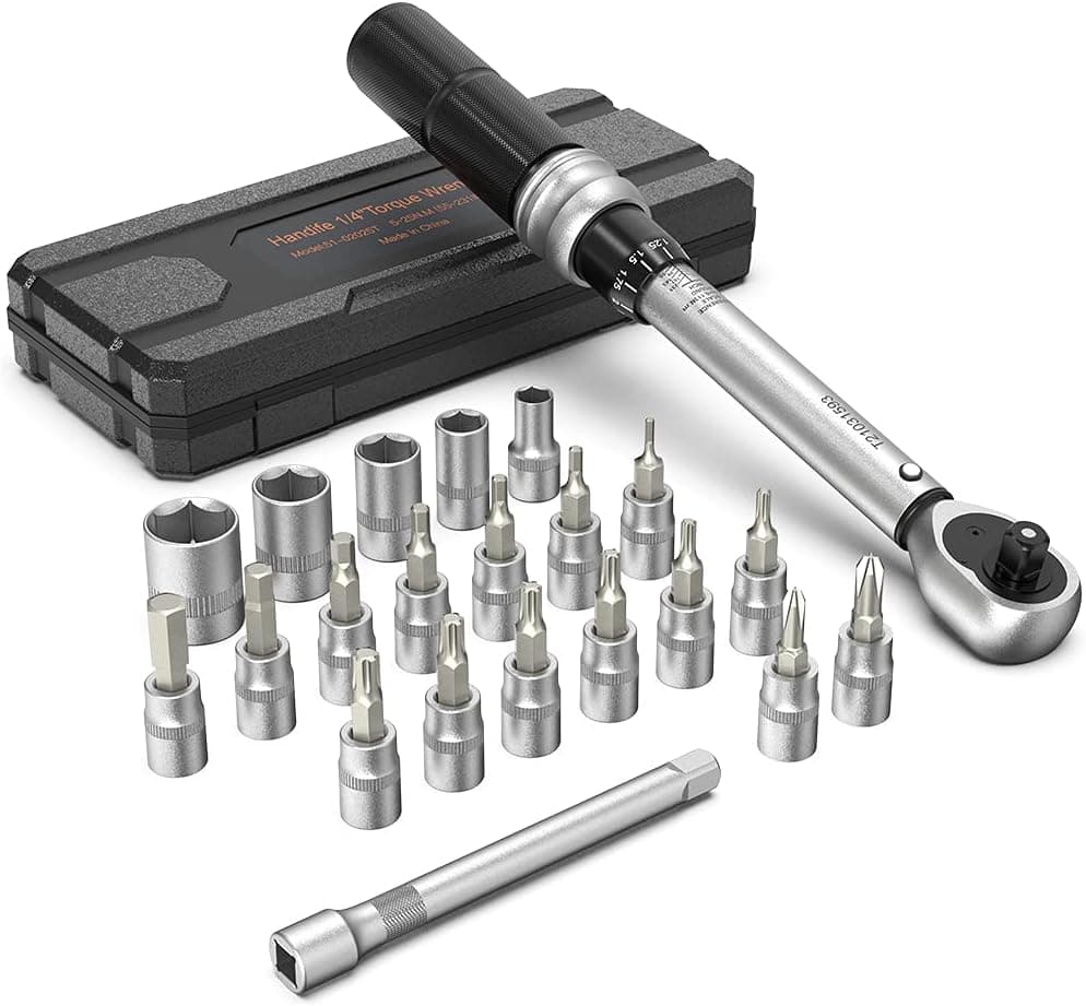Handife 1/4 Inch Drive Click Torque Wrench Set, Bike Torque Wrench Tools 33-209 in.lb / 5-25Nm with Double Scale, Extension Bar, Maintenance Kit for Road & Mountain Bicycle Torque Wrench Set