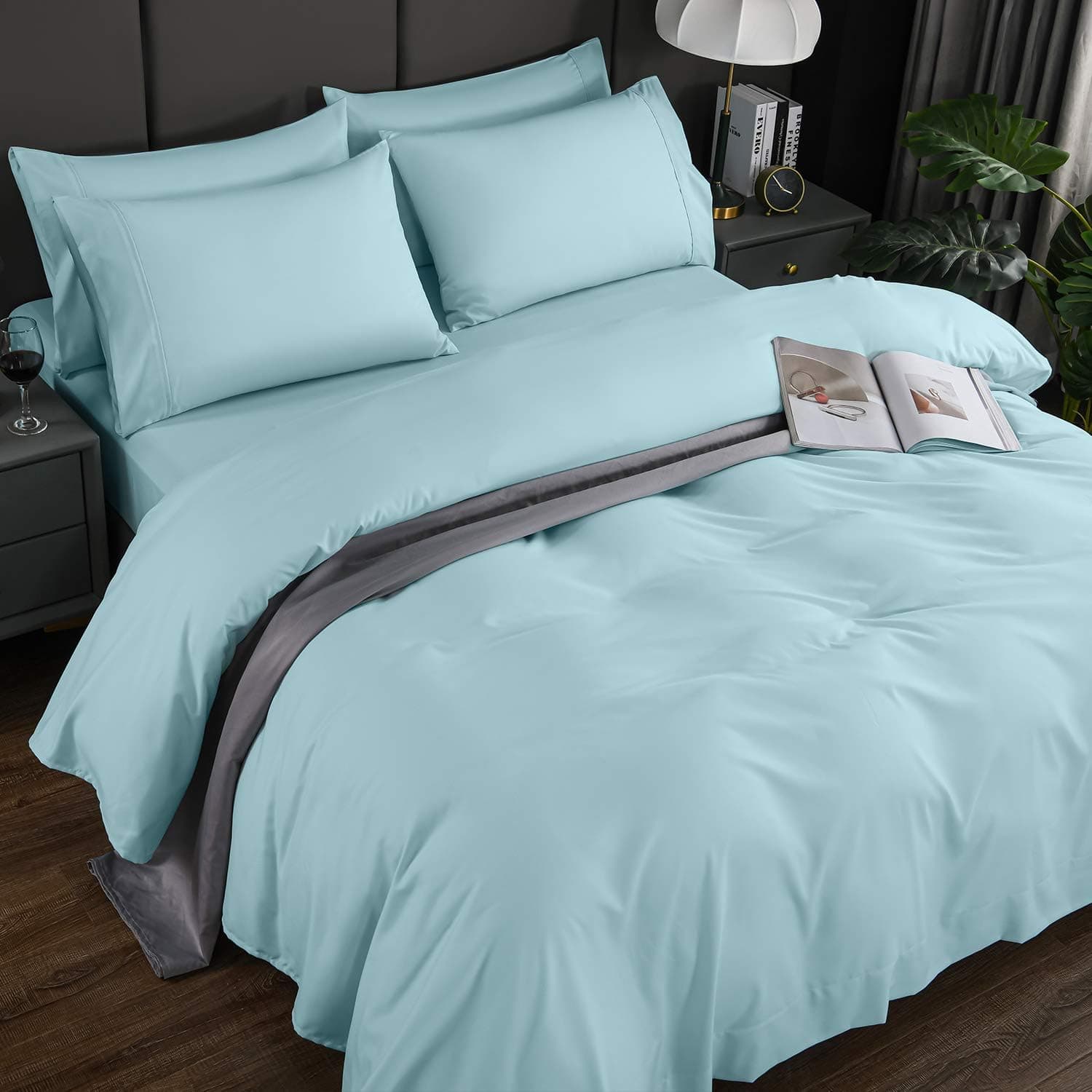 Newspin Bed Sheet Sets King Size Super Soft Bedding Sheets 1800 Brushed Microfiber Wrinkle Resistant Sheet fit 16 inch Deep Pocket Mattress(King- Aqua 6 Piece)