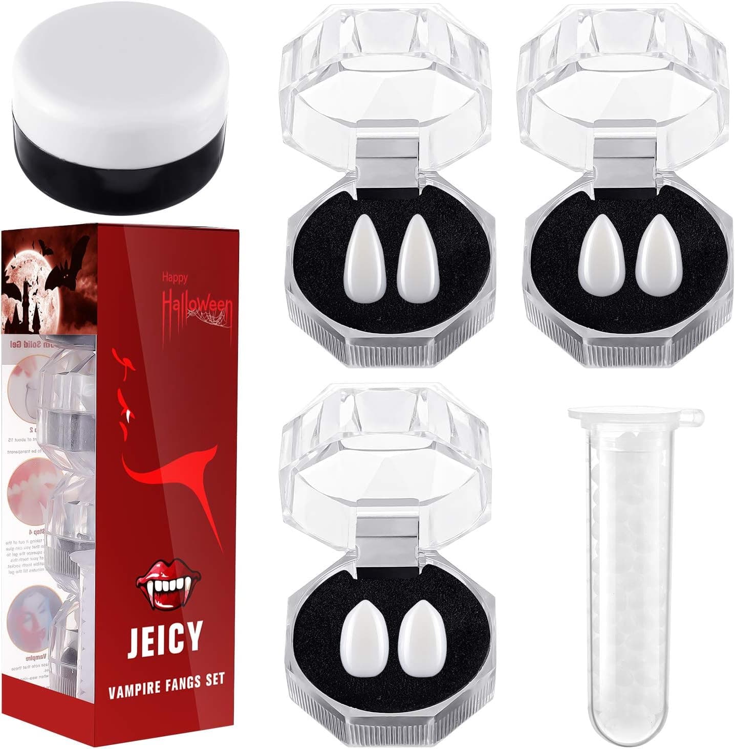 Jeicy Vampire Fangs Teeth, Vampire Blood and Vampire Teeth Glue Set for Halloween Cosplay Party Favors 3 Pairs (13mm,15mm,17mm)