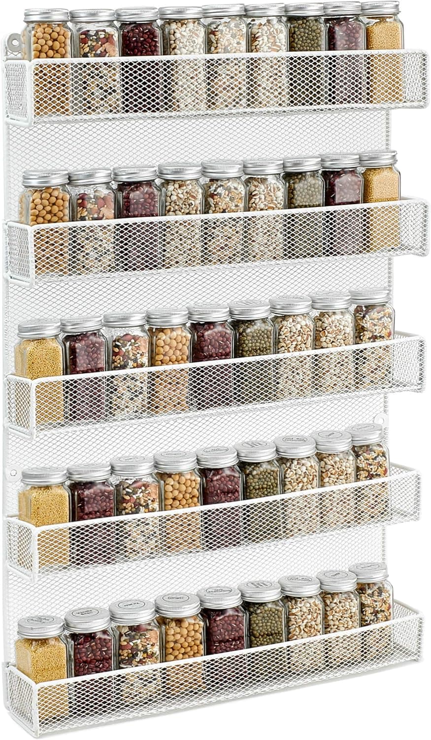 5 Tier Kitchen Wall Mount Spice Rack Organizer Large Kitchen Spice Storage Shelf, White