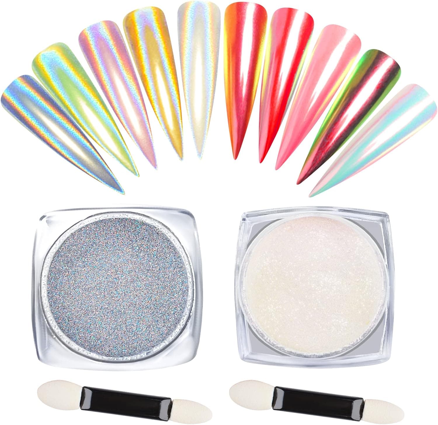 UIIOPJIOM 2 Boxes Chrome Powder for Nails ,Holographic Nail Powder Pearl Nail Powder, Metallic Mirror Effect Iridescent Nail Glitter Aurora Nail Pigment for Salon Home DIY Nail Art Decor
