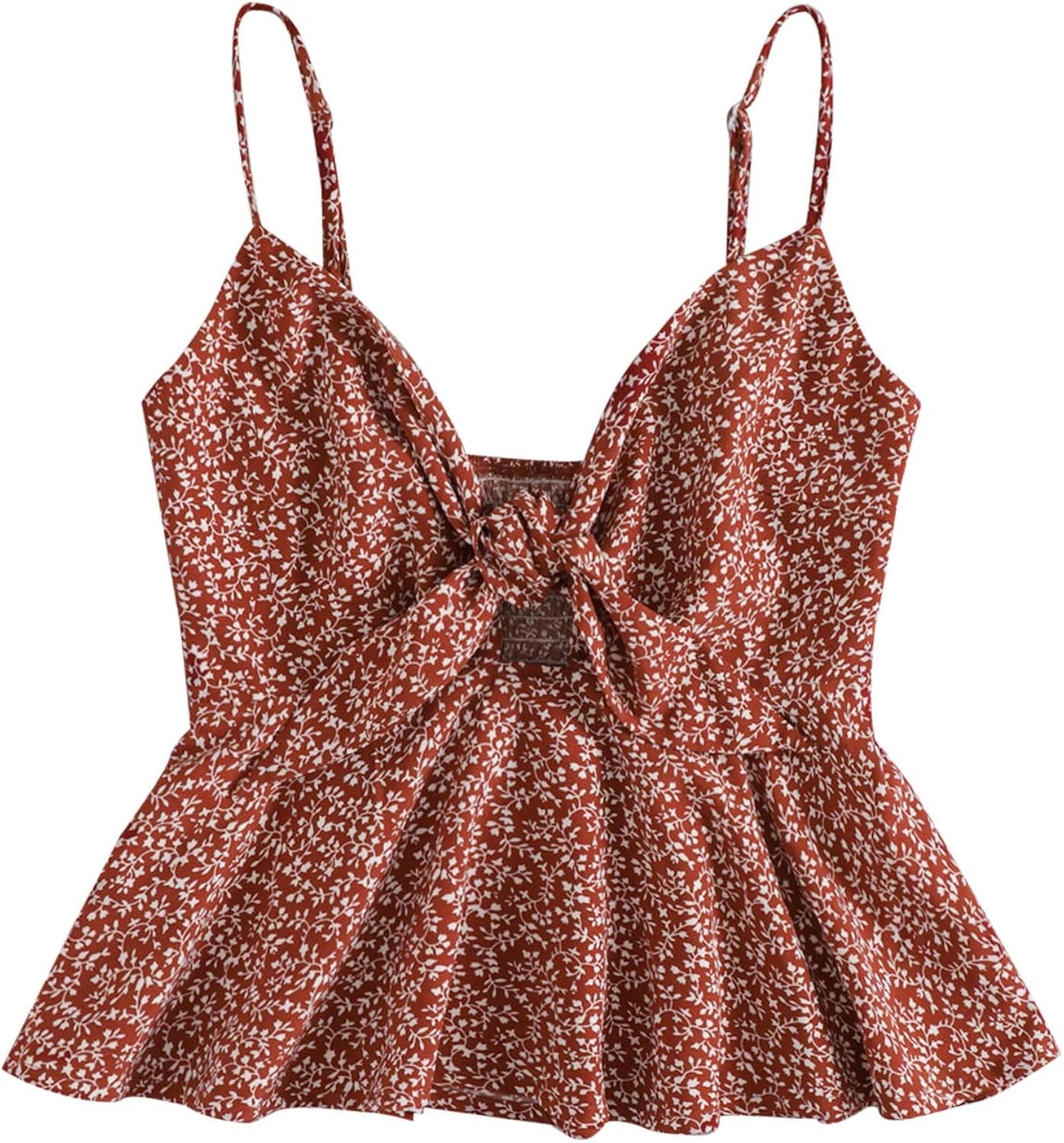SheIn Women's Floral Smocked Peplum Crop Top Ruffle Boho Tie Front Sleeveless V Neck Shirred Cami