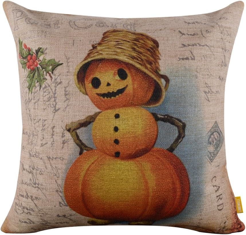 LINKWELL 18"x18" Retro Pumpkin Gost with Hat Burlap Cushion Covers Pillow Case (CC835)
