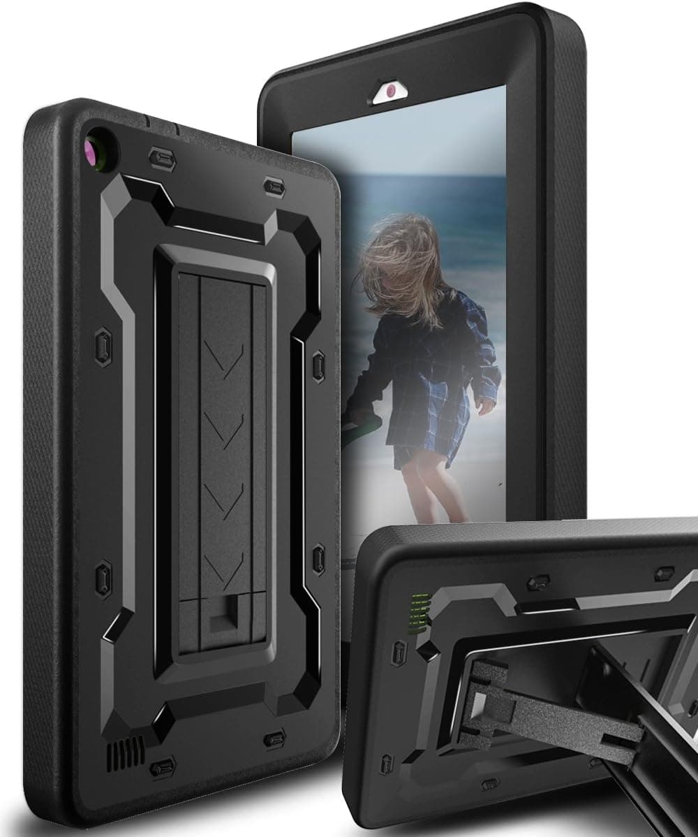 SKYLMW Fire 7(2015 release)Case,[Heavy Duty with Metal Kickstand]Shockproof Full Body Rugged Hybrid Cover with Built-in Screen Protector for Amazon Fire Tablet (7 inch Display-2015 Release Only),Black