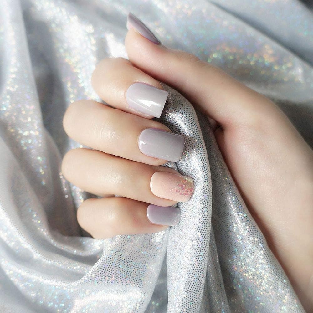 False Nails Press-on Kit 30pcs - Diynail Full Cover Pre-glued Purple and Pink Glitter Color, Plus 6 Nail Art Accents Soft Fake Nails for Women (Purple Pink Glitter)