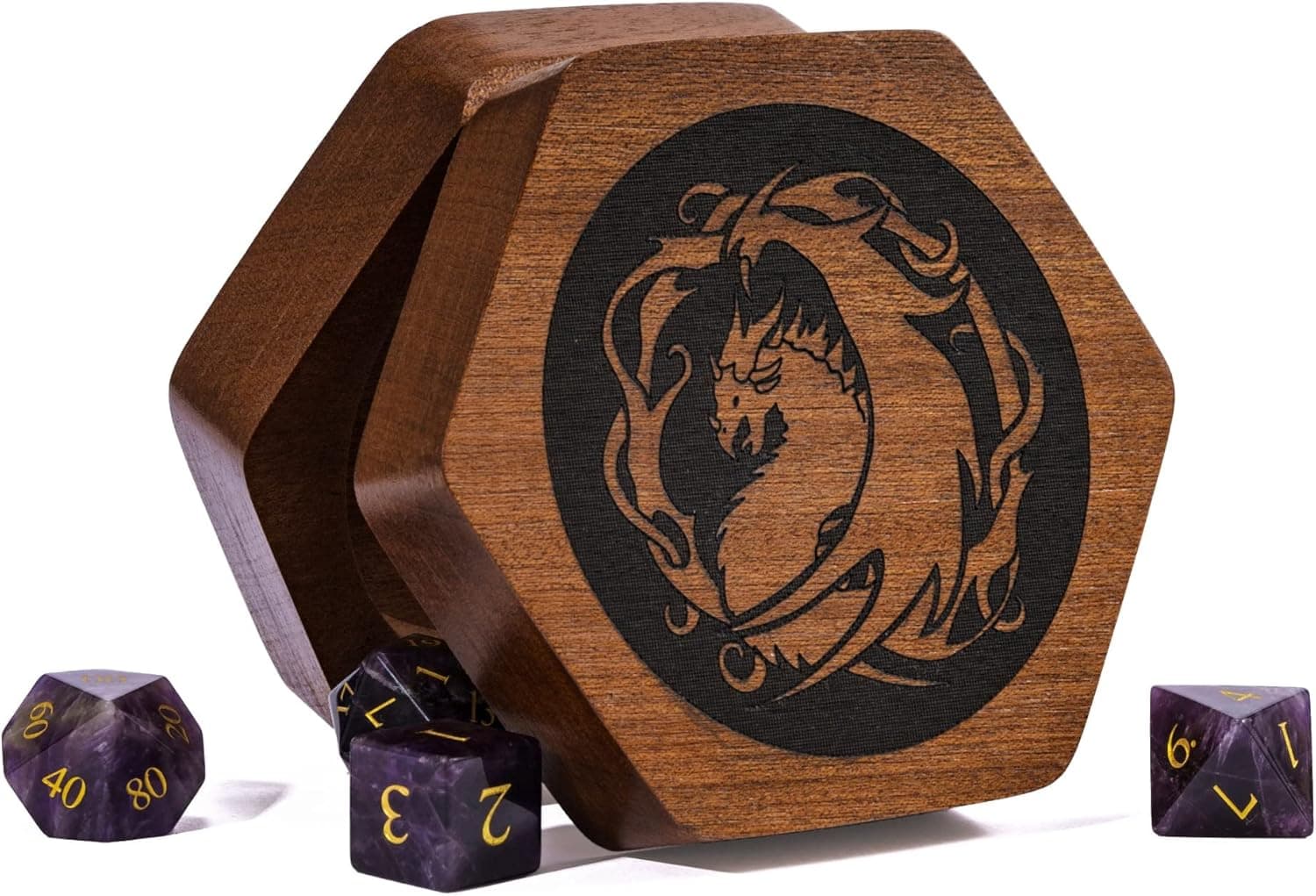 UDIXI Wooden DND Dice Set Box with Magnetic Lid for Storage, Sapele Dice Box for 7-Die Polygonal D&D Dice (Hexagonal - Dragon Pattern)