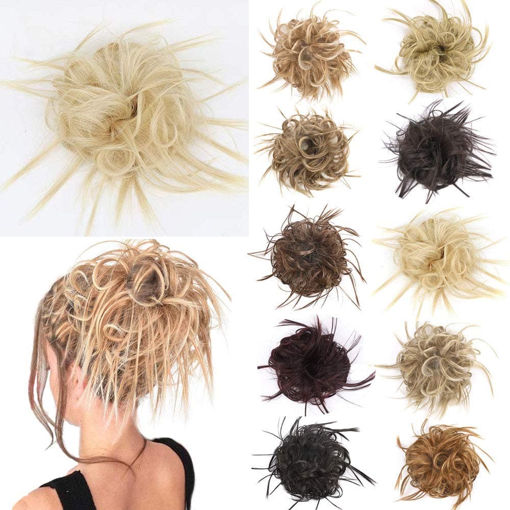 Messy Bun Hair Pieces for Women Tousled Updo Curly Wavy Scrunchie Hair Bun with Elastic Band Synthetic Chignon Instant Hairpiece (24/613#(Ash Blonde & Bleach Blonde Mixed))