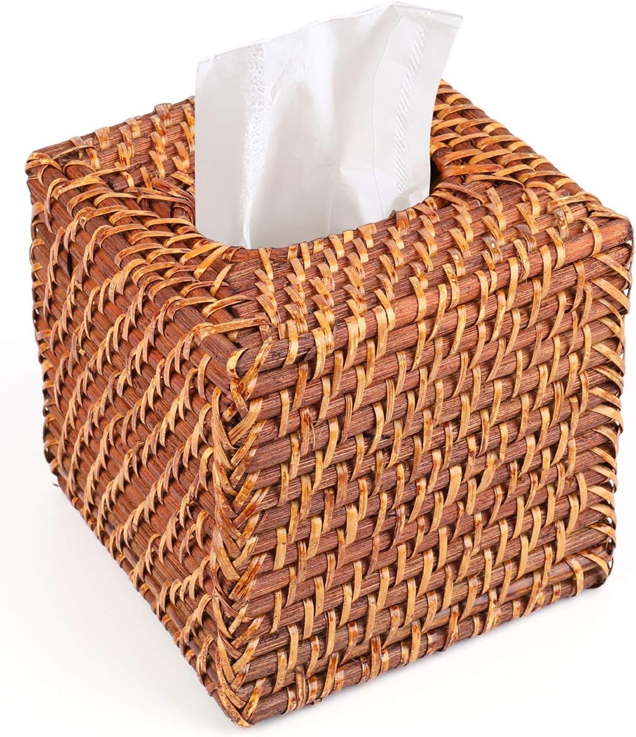 Yesland Square Rattan Tissue Box Cover - 5 x 5 x 5.8 Inches Woven Tissue Box Holder - Refillable Facial Paper Napkin Dispenser Holder for Living Room, Bedroom, Bathroom(Brown)