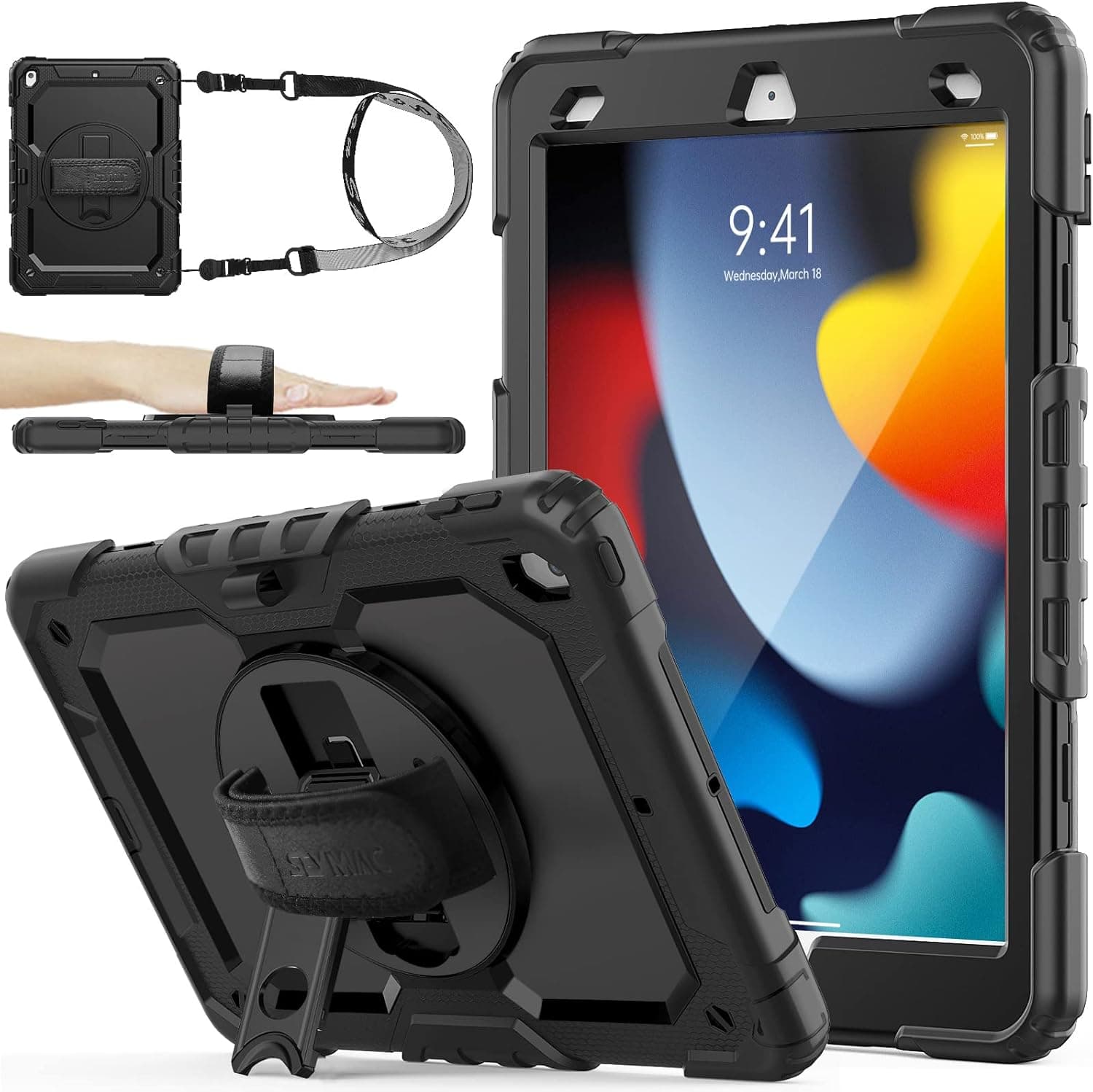 SEYMAC stock iPad 9th/ 8th/ 7th Generation Case 10.2’’, Shockproof Case with Screen Protector Pencil Holder [360° Rotating Hand Strap] &Stand, Case for iPad 10.2 inch 2021/2020/2019 (Black)