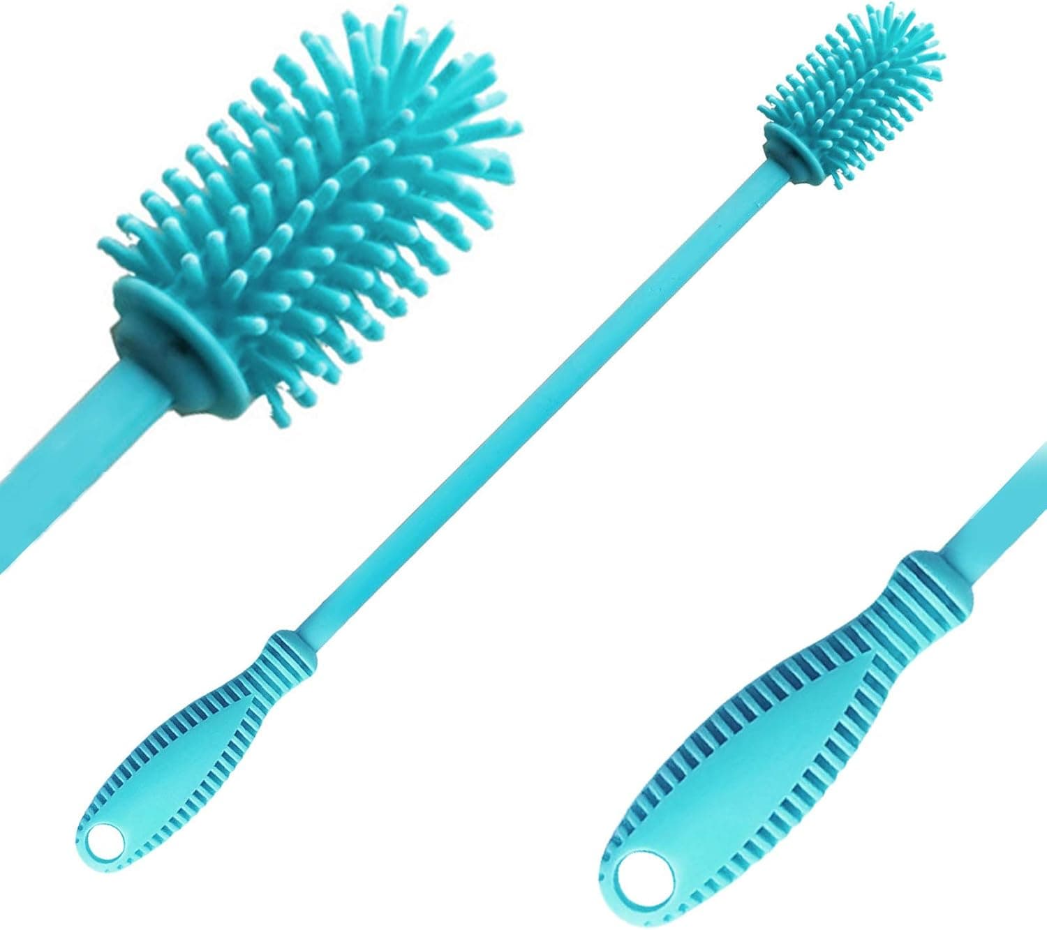 EZiHome Silicone Bottle Cleaning Brush Cleaner for Hydro Flask Baby Water Vacuum Sports Bottle Thermos Vase Glassware Narrow Neck Containers Small Diameter Openings 12.5" Long Handle 2 Pack Teal