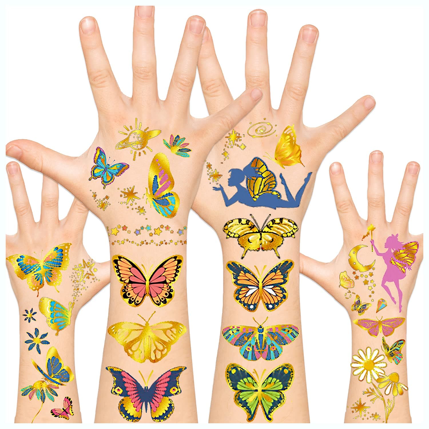 Leesgel 102pcs Butterfly Party Supplies, Butterfly Tattoos Temporary, Kids Tattoos Temporary Girls (Metallic Glitter Tattoos)