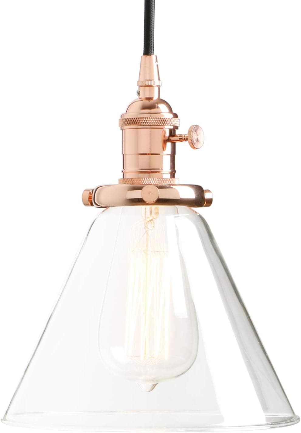 PERMO Industrial Vintage Pendant Light with Funnel Flared Glass Clear Glass Shade 1-Light Ceiling Fixture (Rose Gold)
