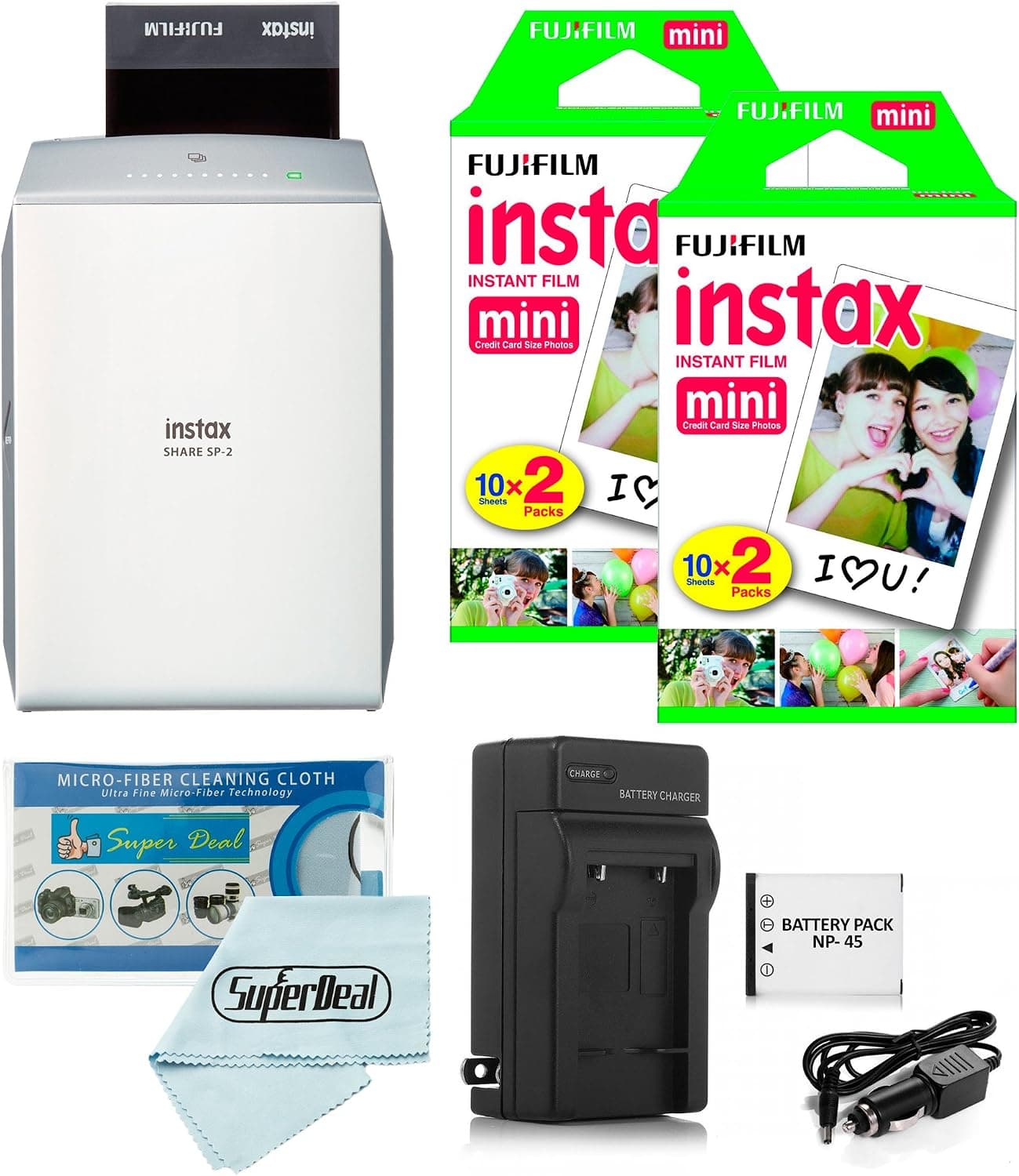 Fujifilm Instax Share SP-2 Smartphone Printer (Silver) Mini Twin Pack (40 Shots) + Travel Charger & Extra Battery + Cleaning Cloth