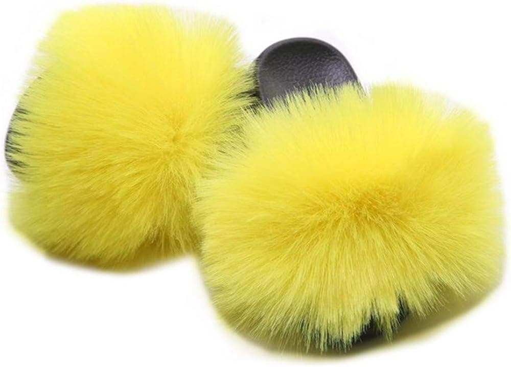 QMFUR Women's Vegan Faux Fur Slippers Fuzzy Slides Fluffy Sandals Open Toe Indoor Outdoor