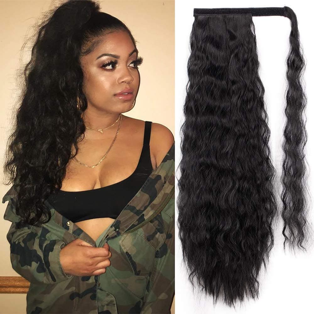 22 Inch long wavy Ponytail Extension Synthetic Wrap Around Ponytail Magic Paste Yaki Ponytail Corn Wave Ponytail Extensions Black HairPiece curly hair ponytail extension for black women（1B#）