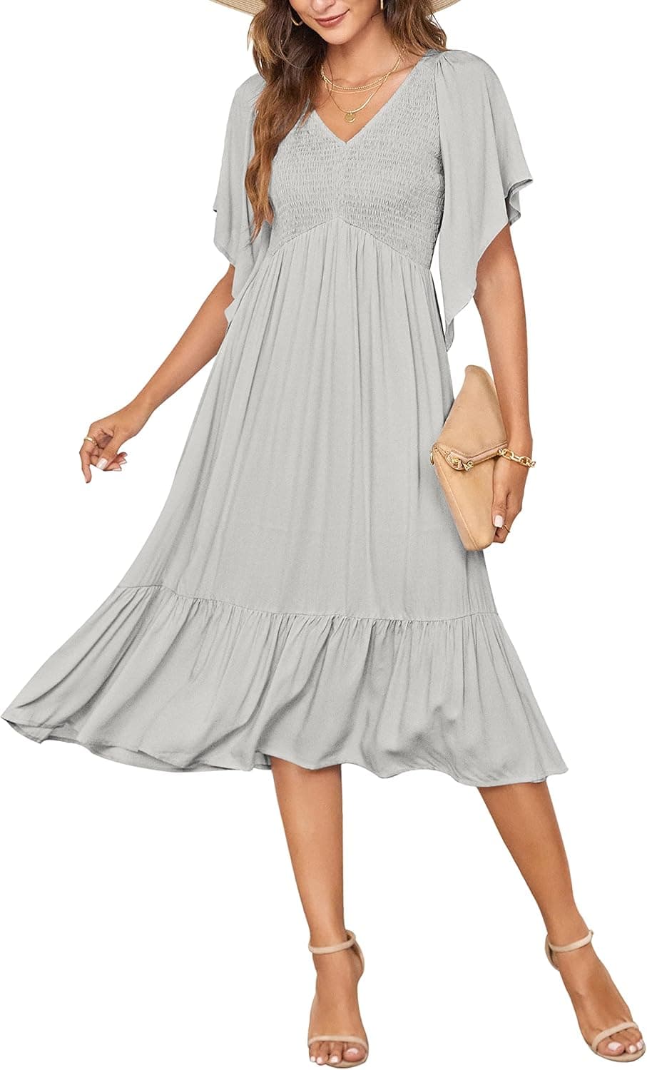 PYGFEMR Women's Summer Empire Waist Dress Smocked Flutter Short Sleeve V Neck Midi Dresses